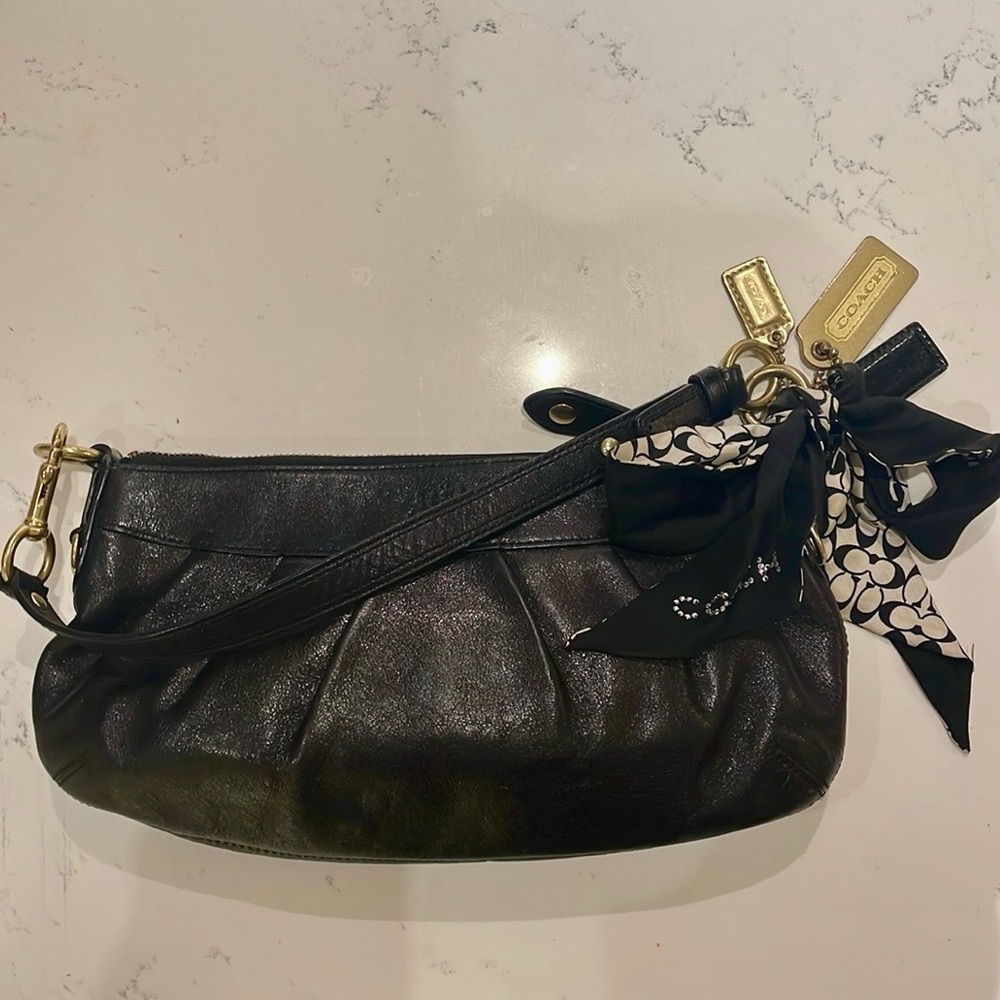Coach Black Leather and Gold Shoulder Bag & Signature Rhinestone Silk Scarf